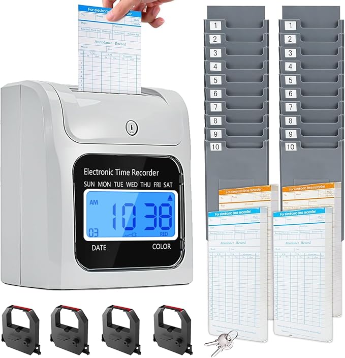 Time Clock Bundle with 200 Time Cards, 4 Ink Ribbons, 2 Ten-Slot Time Card Racks, & 2 Security Keys, Auto-Align Employee Time Clocks for Small Business
