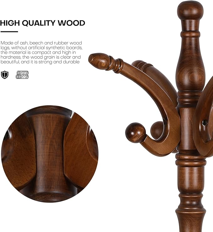 Coat Rack Freestanding Tree Stand with 8 Hooks, 79'' Heavy Duty Premium Ash Wood Hanger Stand, Floor Standing Clothes Hat for Entryway, Corner,Hallway,Bedroom, Office,Brown-Style 2