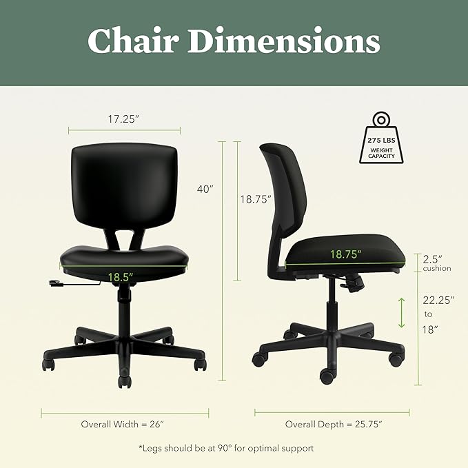 HON Volt Armless Chair, Ergonomic Adjustable Center-Tilt Recline, Leather Back and Seat, Swivel Desk Chair, Black