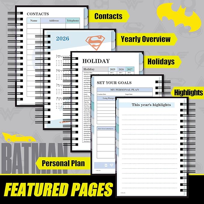 Hero Theme Academic Planner Notebook, Weekly Monthly Daily Agenda, Custom Date Organizer for Time Management, Spiral Bound Planner with Colorful Tabs,Datebooks for Student, Workers (Black and Grey)