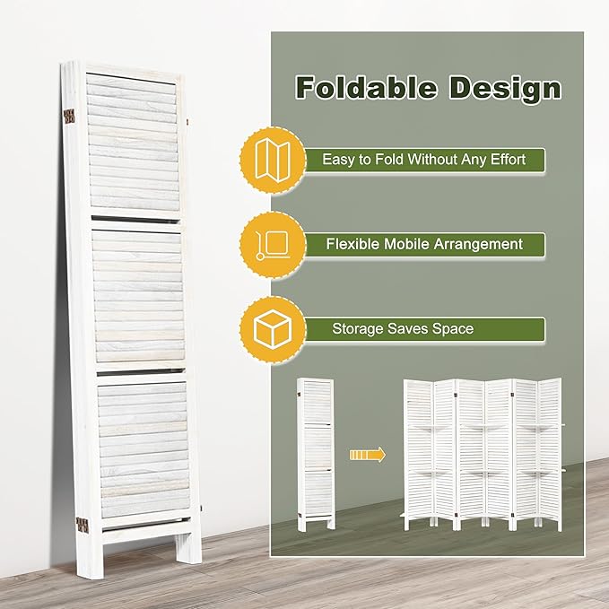 NicBex 6 Panel Room Divider 5.6FT Louvered Design Room Dividers with Display Storage Shelves Folding Privacy Screens Portable Freestanding Partition Wall Dividers for Home Bedroom Office, White