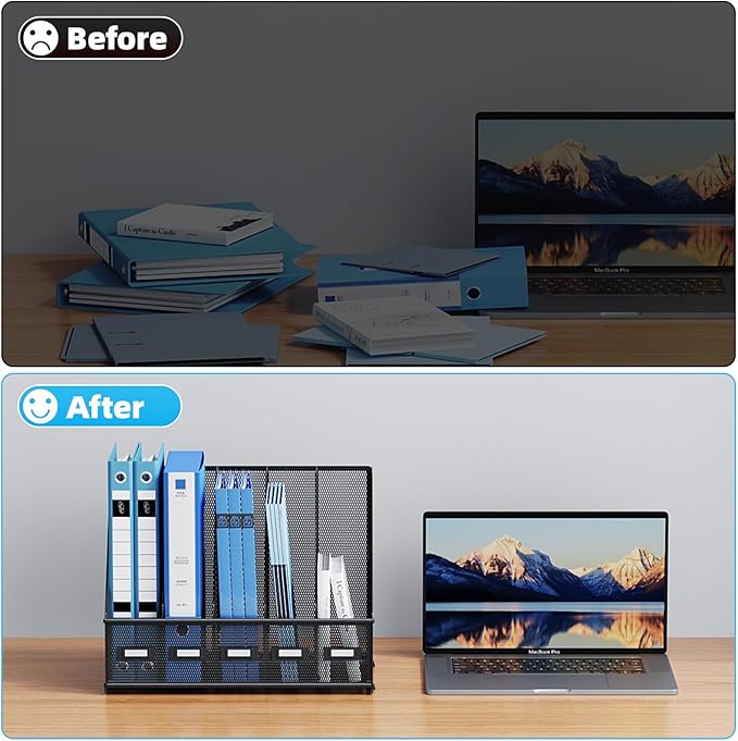 Marbrasse Desk File Organizer with 5 Vertical Compartments Mesh Magazine File Holder for Office, Home, School