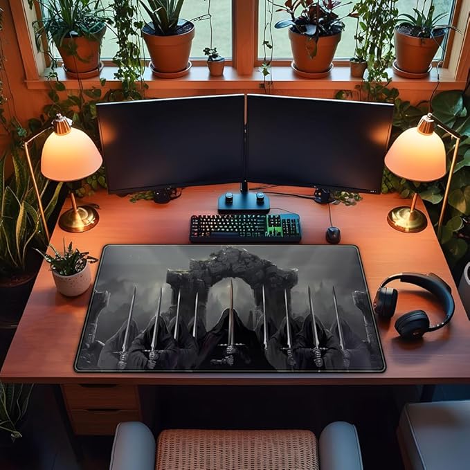 Knight Dark Grey Desk Pad Mat Anime Playmat Mouse Pad Gaming Large Mousepad for Desk Computer Pc Laptop Pad for Men, Equipped with Waterproof Storage Bag Non-Slip (31.5x15.7 in)