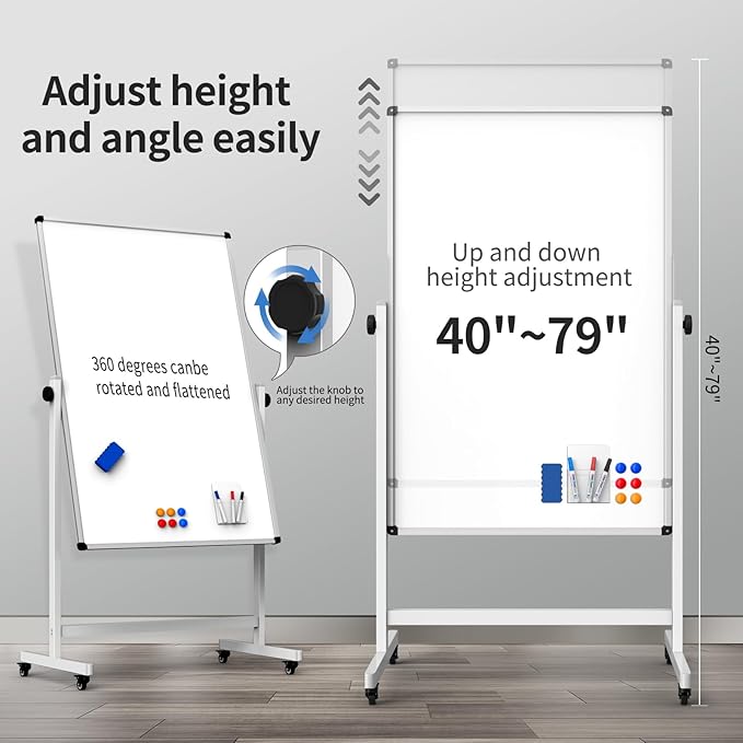 Whiteboard on Wheels, 44x26 Inches Double Sided Magnetic Dry Erase Board Height Adjustable Whiteboard with Stand for Home Office Classroom