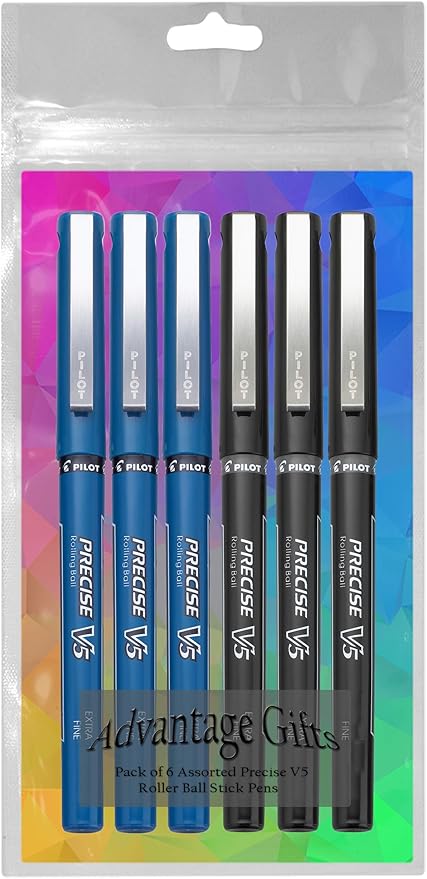 Precise V5 Stick Rolling Ball Pens, Extra Fine Point (.5mm), Assorted Colors Black/Blue Ink, 6-pk; Bundle with Plastic Reusable Pouch