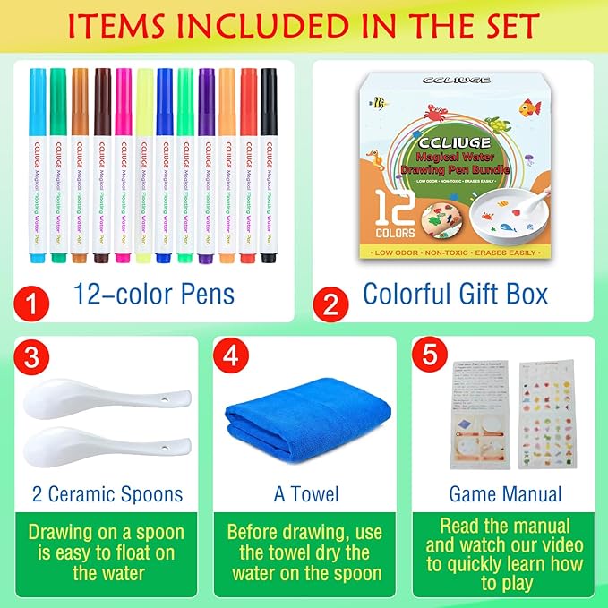 Kiddies Create Magical Floating Drawings Bundle, 12 Colors Magic Drawing Pens for Kids Water, Magical Water Painting Pen Set with Spoons & Towel, Water Art Markers for Tattoo, Gifts for Boys & Girls