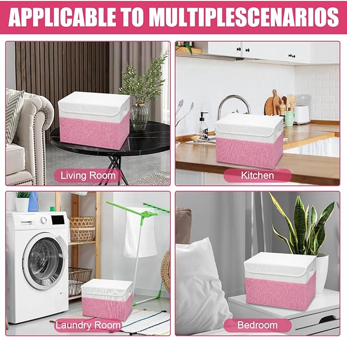 Large 22 Quart Linen Fabric Foldable Storage Bin Cube Organizer Basket with Flip-Top Lid & Handles, Clothes Blanket Box for Home, Office, Closet, Pink & White, 4 Pack 14.6 x 9.5 x 9.5