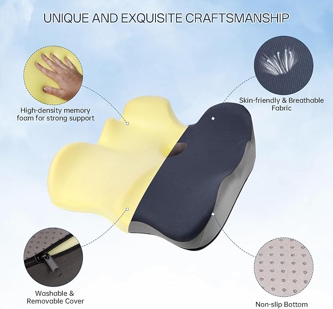 Seat Cushion, X-Large Memory Foam Office Chair Cushion, for Pressure Relief Sciatica & Pain Relief for Long Sitting Hours on Office/Home Chair, Car (Blue)