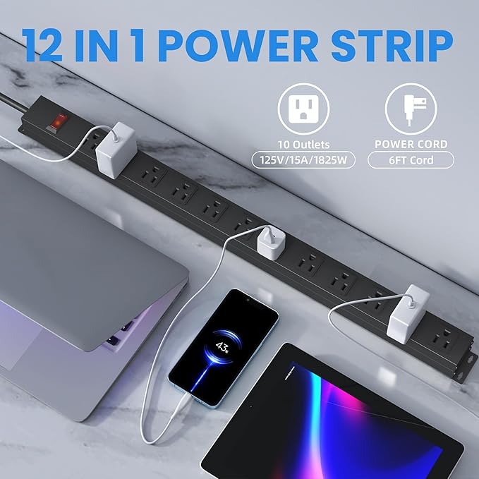 12 Outlet Long Power Strip with 15A Circuit Breaker,Black Wall Mount Heavy Duty Power Strip with 6FT/14AWG/15A/125V Extension Cord for Industrial,Garge,Office,Home and School,Black(6FT)