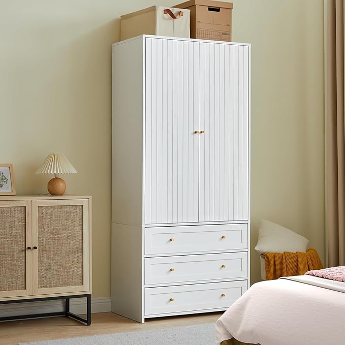 71" Wardrobe Closet Armoire, Wardrobe Armoire Wooden with 2 Doors, 3 Drawers Household Freestanding Wooden Closet Storage Cabinet for Bedroom (White)