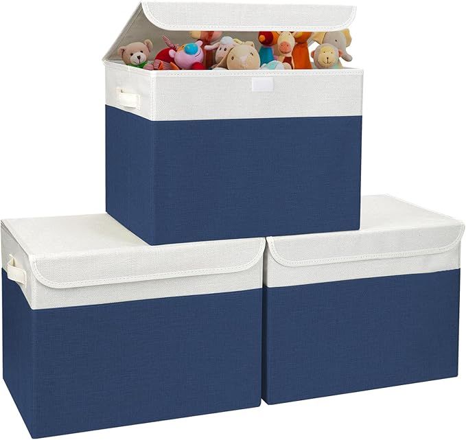 Large 17" 42 Quarts Collapsible Stackable Storage Bins with Lids [3-Pack] Foldable Fabric Linen Storage Boxes Cube, Closet Organizer Baskets with Label for Home (16.7 x 12 x 12", Navy Blue & White)