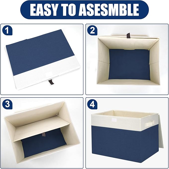 Large 17" 42 Quarts Collapsible Stackable Storage Bins with Lids [3-Pack] Foldable Fabric Linen Storage Boxes Cube, Closet Organizer Baskets with Label for Home (16.7 x 12 x 12", Navy Blue & White)