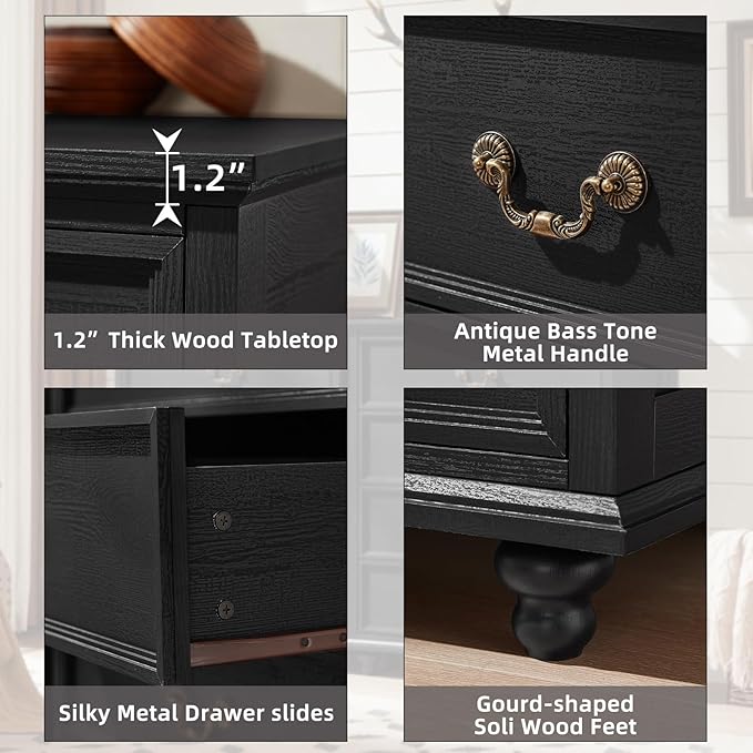 Farmhouse 4 Drawer Dresser Set of 2 for Bedroom, 37" Tall Rustic Chests of Drawers w/ 4 Solid Wood Feet, Mid Century Vintage Wooden Closet Storage Dressers Organizer for Living Room, Black