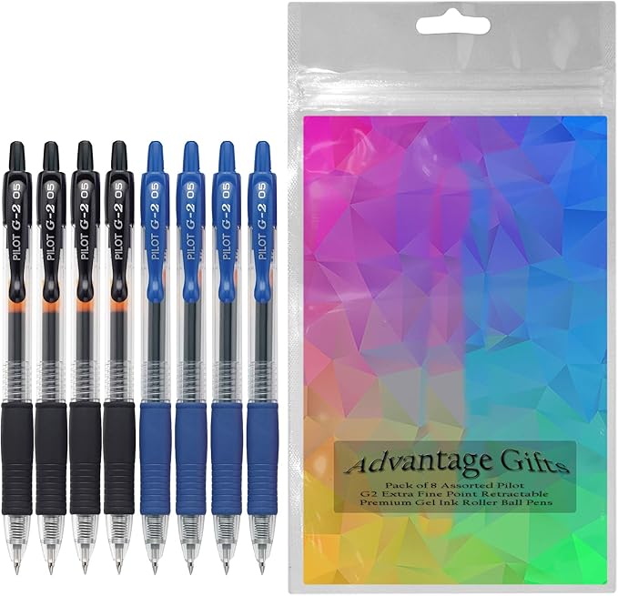 G2 Retractable Premium Gel Ink Roller Ball Pens Extra Fine Point (.5mm) Black/Blue Ink 8 pack; Refillable & Premium Comfort Grip Bundle with Plastic Reusable Pouch
