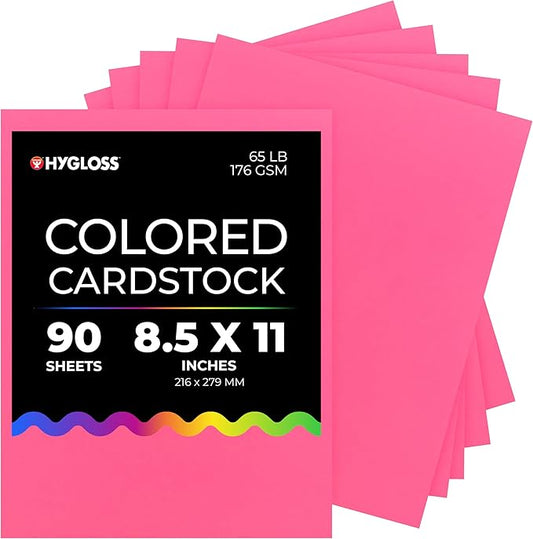 Hygloss Pink Bright Colored Cardstock - 8.5x11-Inch, 90 Sheets, 65 lb/ 176 gsm, Fade-Resistant, Acid-Free Color Card Stock Paper