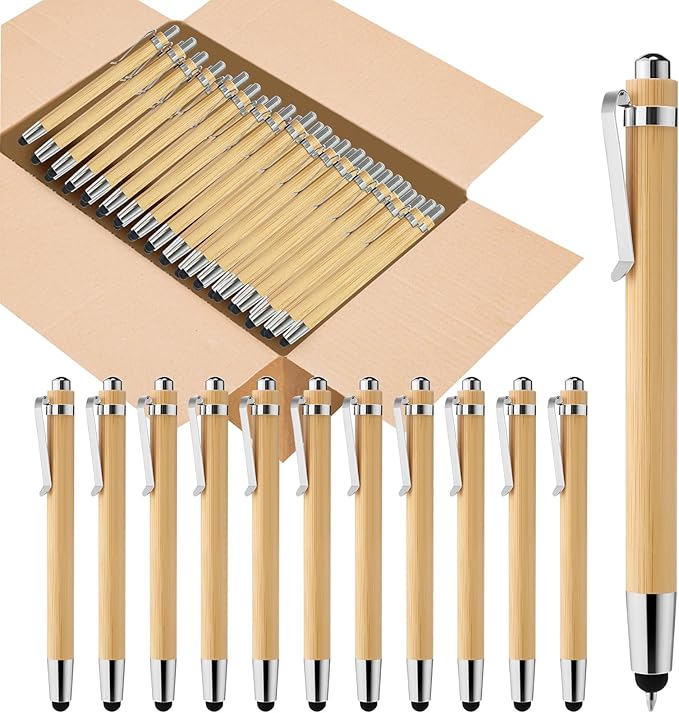 200pcs Bamboo Pens Bulk 2-in-1 Stylus Tip Wooden Bamboo Pens Engraving Wooden Ballpoint Pen Customizable Gift Pen Bulk