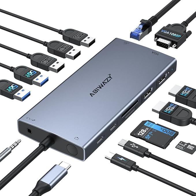 USB C Docking Station Dual Monitor for Dell/HP/Lenovo/Surface Laptop,15 in 1 Triple Display Multiport Adapter Hub, USBC Dock Dongle with 2 HDMI+VGA+6 USB C/A+Button+100W PD +Ethernet+SD/TF+Audio