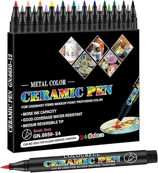 Permanent Marke Ceramics Pens 24 Colors Porcelain Paint Brush Pen for Both Glazed and Unglazed Ceramics Christmas Decoration Wine Markers