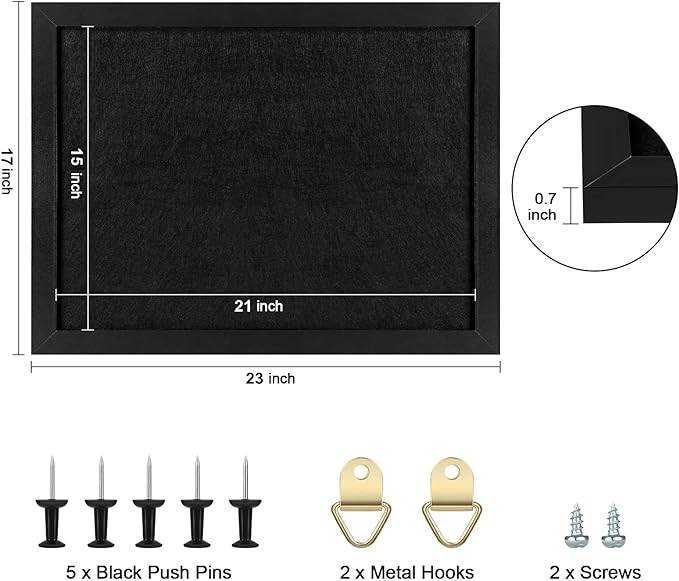 TORASO Cork Board Bulletin Board, Cork Boards for Walls with Pins, Eye Bolts, gaskets, Screws, Pin Board for Office, School and Home (All Black, 17“x23-2P)