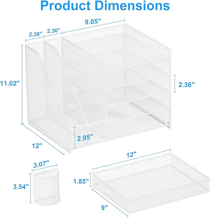 Lavatino Desk Organizer with File Holder, 5-Tier Paper Letter Tray Organizer with Sliding Drawer and 2 Pen Holder, Mesh Desktop File Organizer for Office Supplies, White