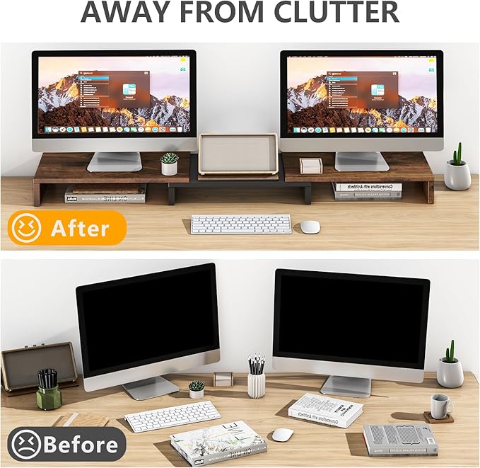 TAVR Dual Monitor Stand Riser, Computer Monitor Stands for 2 Monitors, Extra Long Multifunctional Desktop Organizer Riser for Computer, Laptop, PC, Printer, TV, Max 43.3" Length, Rustic Brown