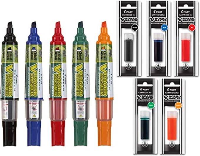Refillable Dry Erase Markers, Pilot BeGreen V Board Master Assorted Colors, 5-Pack With 1 Refill For Each Marker