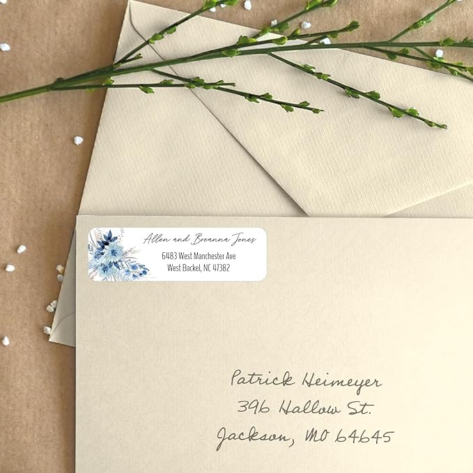 Blue Floral Rolled Address Labels / 500 Personalized Return Address Labels/Designer Address Stickers in Elegant Plastic Dispenser