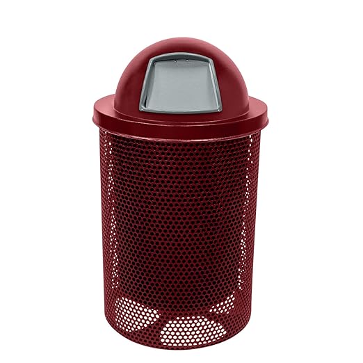 RDT-P-BUR Heavy Duty Round Trash Receptacle with Dome Top, Liner Included, 32 Gallon, Burgundy, Made in America