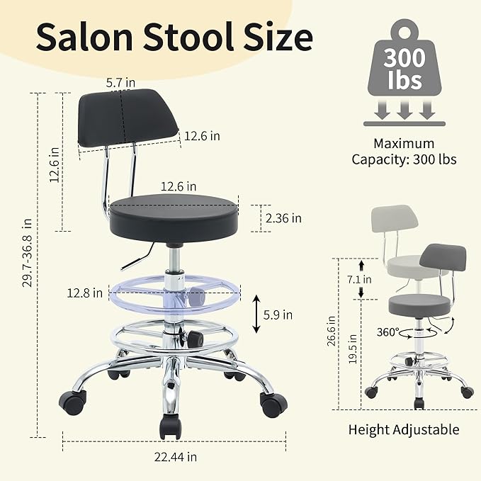 Rolling Stool with Back,Adjustable Height Foot Rest Rolling Salon Chair 19.5’’-26.6’’,Black Ergonomic Stool (Black)