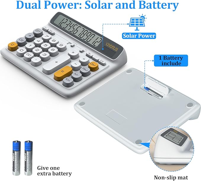 Desktop Calculator with Extra Large 5-Inch LCD Display, 12-Digit Two Way Power Solar & Battery Office Calculator with Big Buttons for Business, Accounting & Home Use(Grey)