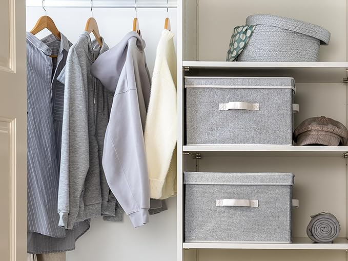 StorageWorks Fabric Storage Bins with Lid, Decorative Storage Boxes for Shelves, Stackable Closet Organizer Basket with Handles, Large, Gray, 2-Pack