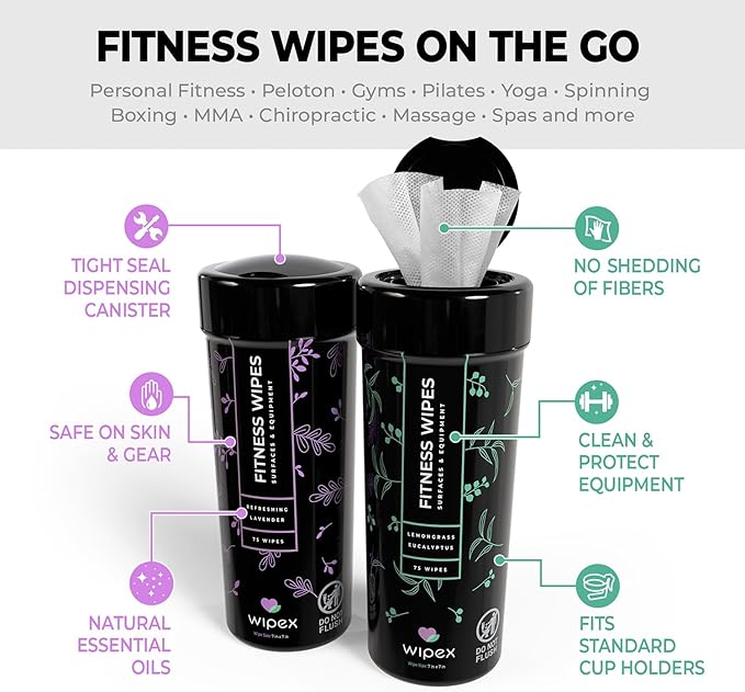 Wipex Screen Wipes & Gym Wipes Combo Pack - 75ct Gym Equipment Wipes Canister & 24ct Individually Wrapped Fitness Touch Screen Wipes, Safe for Yoga Mats & Electronics, Lemongrass Scent