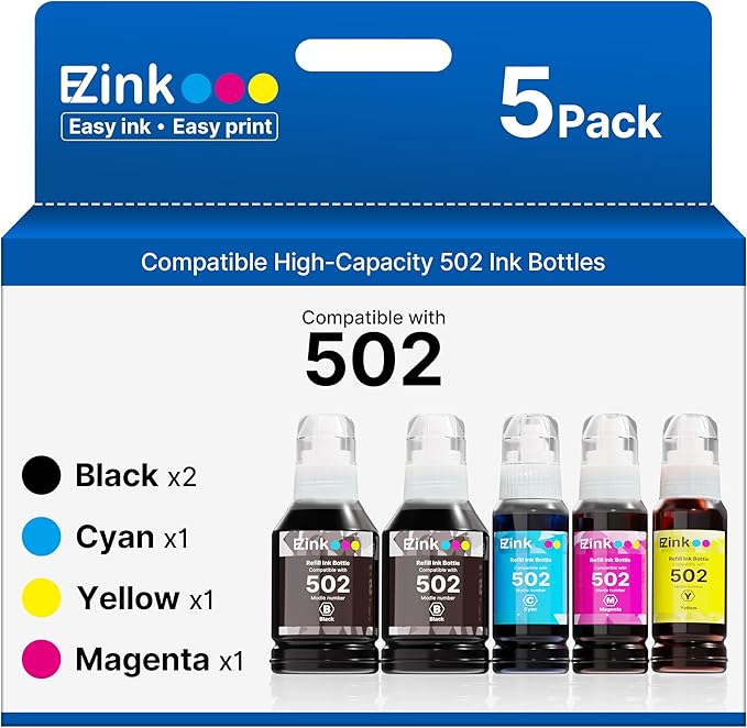 E-Z Ink 502 Ink Refill Bottles Compatible for Epson 502 Ink Refill Bottles T502 522 T522 High Capacity to Use with Epson ET-3850 ET-2850 ET-4850 ET-2800 ET-2760 ET-3760 (5 Bottles, 2BK C M Y)