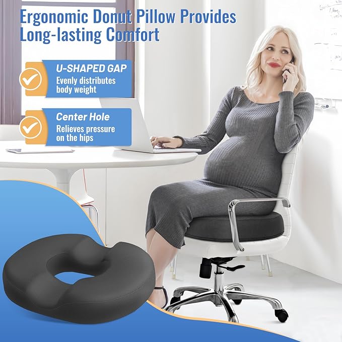 CloudBliss Donut Pillow Seat Cushion for Tailbone Pain Relief and Hemorrhoids, Memory Foam Seat Chair Cushion for Postpartum Pregnancy, Seat Cushions for Men and Women for Home & Office, (Grey-XL)