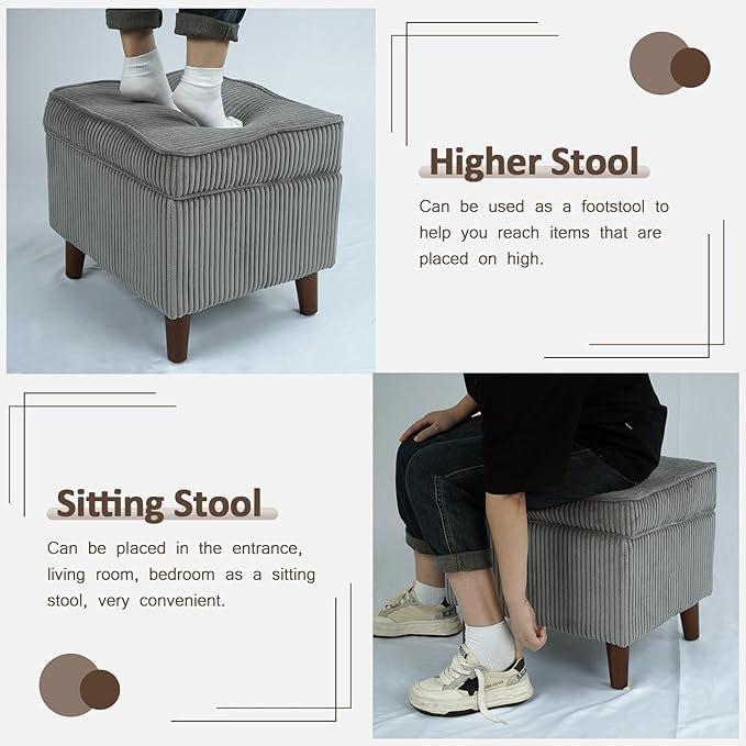 Storage Ottoman with Adjustable Lid, Soft Step Stool, Footrest and Seat, Ottoman Foot Rest for Living Room, Bedroom, Dorm, Light Gray