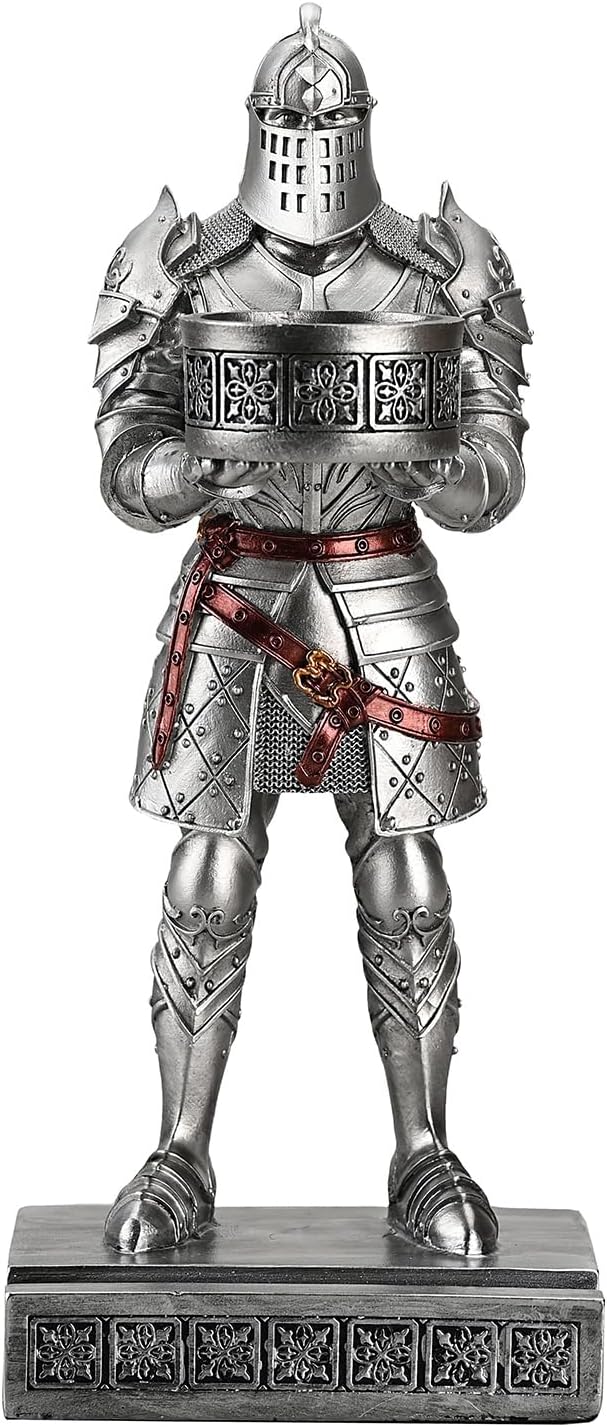 King's Guard Standup Knight Candlestick Holders Resin TeaLight Holder Warrior Mobile Phone Stand Pen Holder Candle Holder for Restaurant, Altar, Home Table(Silver)