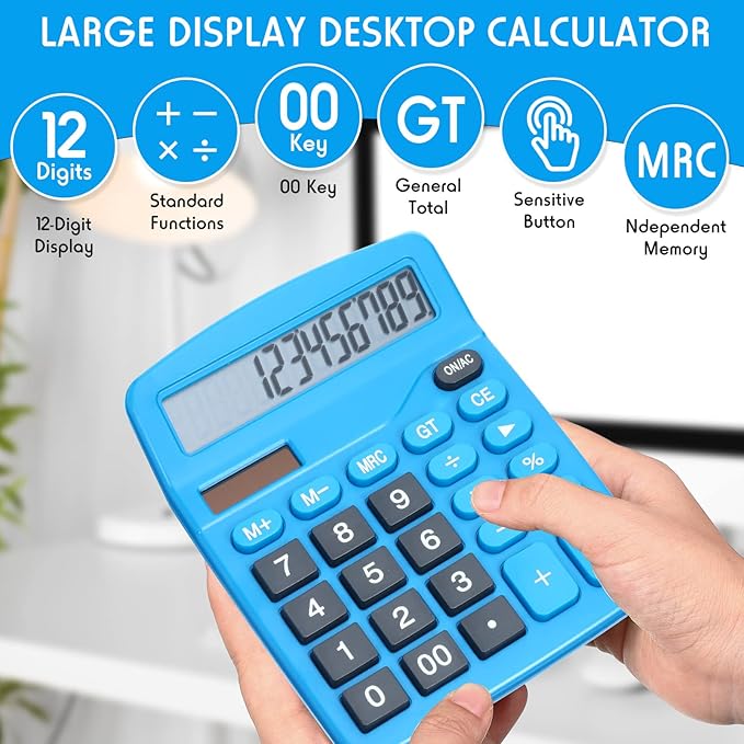 Konohan 8 Pieces 12-Digit Calculator, Solar Basic Desktop Calculator Large Display Electronic Dual Power Handheld for Home Office School(Dark Blue)