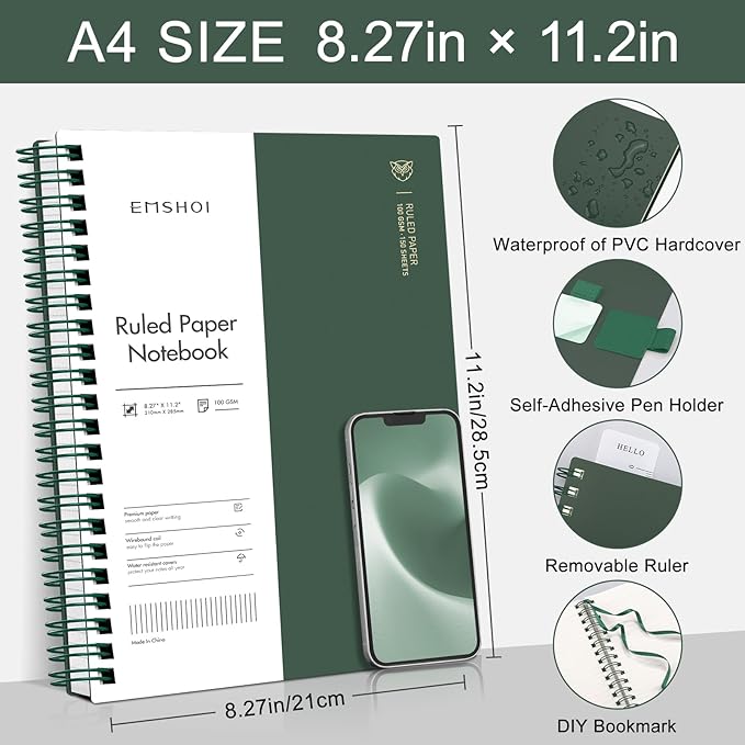 EMSHOI Lined Journal A4 Spiral Notebook, College Ruled Notebook, 300 Pages/150 Sheets, 100gsm Acid-Free Paper, Waterproof Softcover Notebook for School, Work, Writing, 8.27" × 11.2" - Dark Green