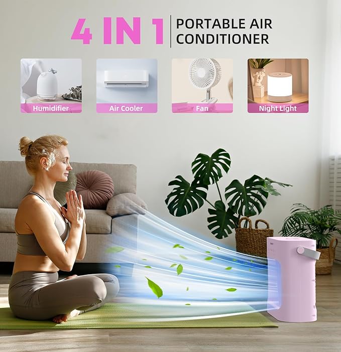 Portable Air Conditioners Cooling Fan, 3 Speeds Evaporative Mini Air Conditioner Portable, 700ml Portable AC Air Cooler, Personal Air Conditioner for Bedroom,Room,Office,Camping-Pink