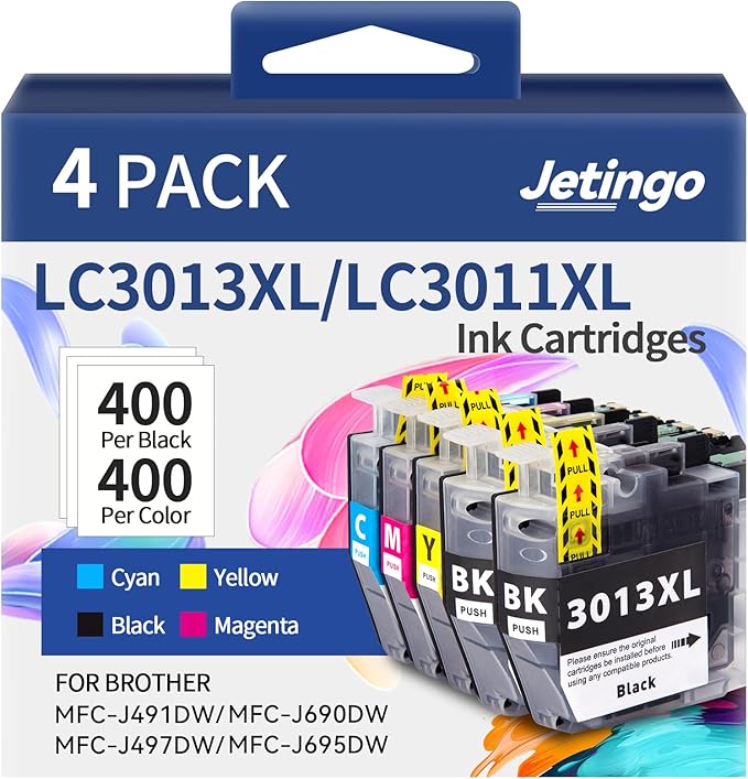 LC3013XL Ink Cartridges BK/C/M/Y 5 Pack High Yield Replacement for Brother LC3011 LC3013XL Compatible with MFC-J491DW MFC-J497DW MFC-J895DW MFC-J690DW Printer