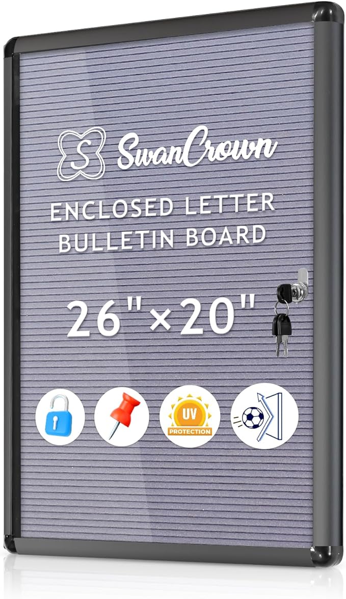 S SWANCROWN Enclosed Bulletin Board with Locking Door 26x20 in, Lockable Felt Letter Board Sign Tamperproof Message Board for Office School Home, Black Aluminum Frame, Grey