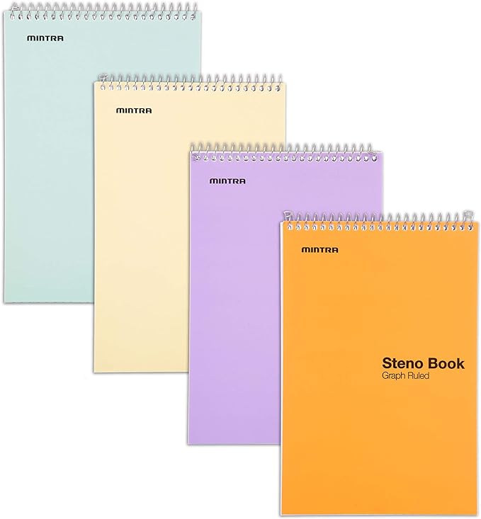 Mintra Office Steno Book - (Pastel Colors, 4 Pads/Pack, Graph Ruled) - 6inx9in, 70 Sheets, Notebook for writing notes in school, university, college, work, office