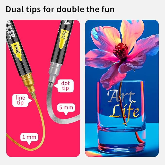 NAWOD 6 Gold and Silver Acrylic Paint Pens Markers, with Fine Tip and Medium Tip, for Rock Painting, Fabric, Canvas, Glass, Wood, Paper, DIY, Ceramic, Paint Markers for Kids and Adults