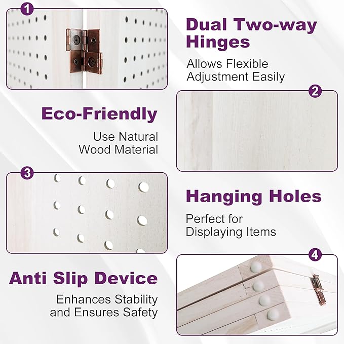 Room Divider, 5.6FT Folding Room Divider Panel, 6 Panel Pegboard Display Wood Partition Wall Divider for Room Separation& Craft Shows, White