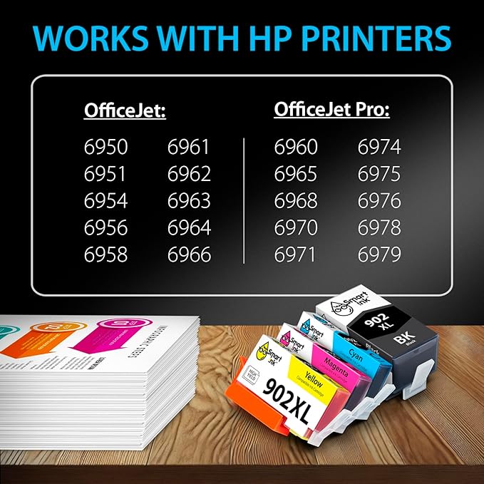 Smart Ink Compatible Ink Cartridge Replacement for HP 902 XL 902XL (4 Combo Pack) to use with Officejet Pro 6978 6968 6974 6975 6960 Officejet 6951 6954 6956 6958 Printers