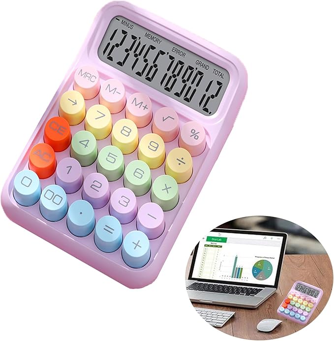 Colorful Calculator, Candy-Colored Electronic Desktop Calculators with 12Digit Large LCD Display and Big Round Buttons, Typewriter-Inspired Mechanical Key Calculator for Office,School, Home, Business