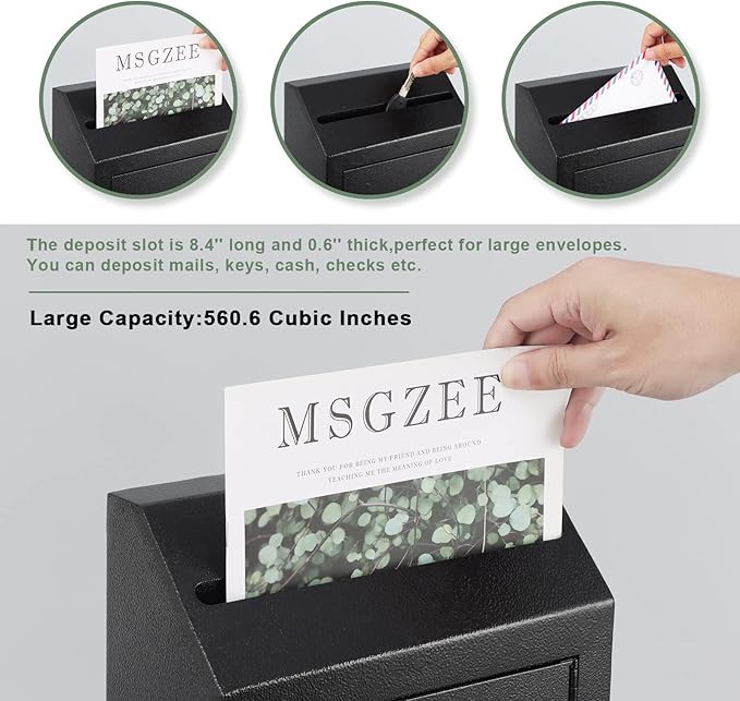 xydled Wall-Mount Mailbox,Heavy Duty Deposit Drop Box, Locking Metal Key Drop Box Suggestion Box with Key Lock,Secured Safe Storage Box Postbox for Home&Business Use,15x12x4 Inch,Black