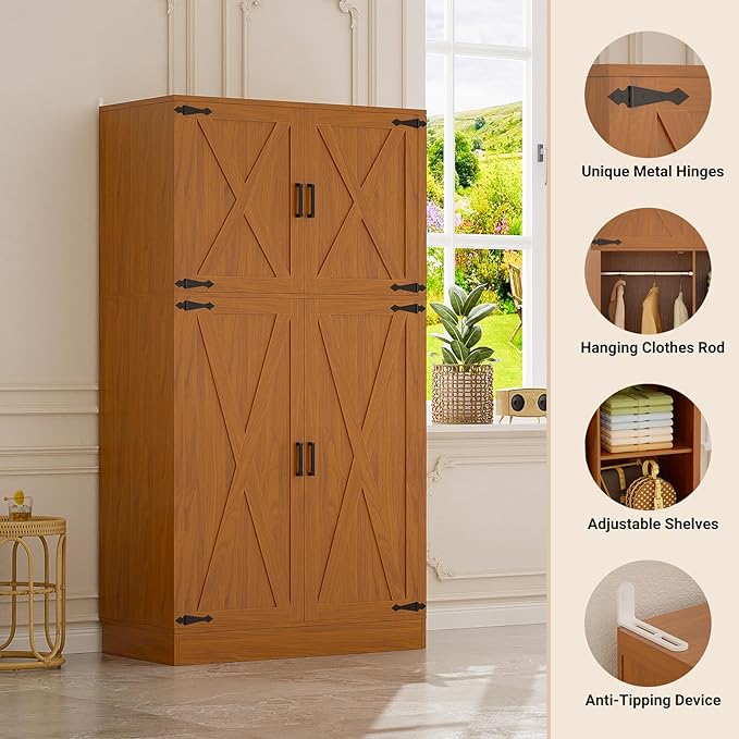 Unikito 71'' Farmhouse Wardrobe Closet with Hanging Rod, 4 Barn Door Storage Cabinet with Adjustable Shelves, Freestanding Closet Wardrobe Cabinet for Bedroom Living Room Office, Highland Oak