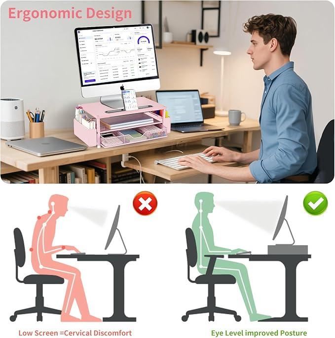 AUPSEN Pink Desk Organizers and Accessories, 2-Tier Wood Computer Monitor Stand with Drawer, Pen Storage & Phone Holder, Office Desk Accessories, Workspace Desktop Organization for Office Supplies