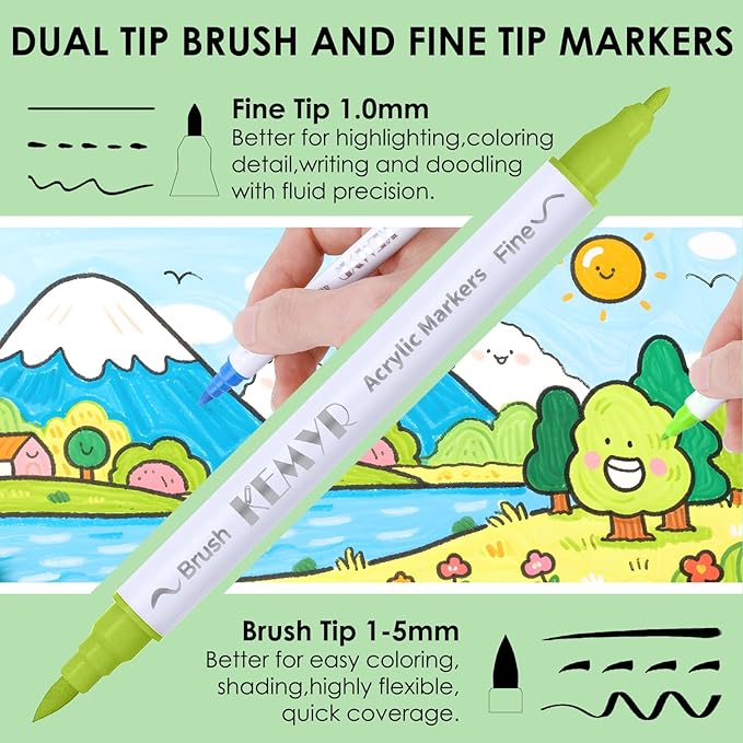 24 Colors Brush & Fine Tip Acrylic Paint Pens, Dual Tip Acrylic Paint Markers for Paper, Wood, Canvas, Stone, Rock, Glass, Fabric, DIY, Ceramic, Art Supplies for Kids and Adults Drawing